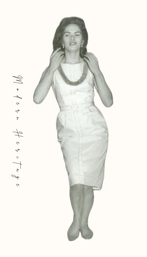 A young woman in a pale dress, mid-century